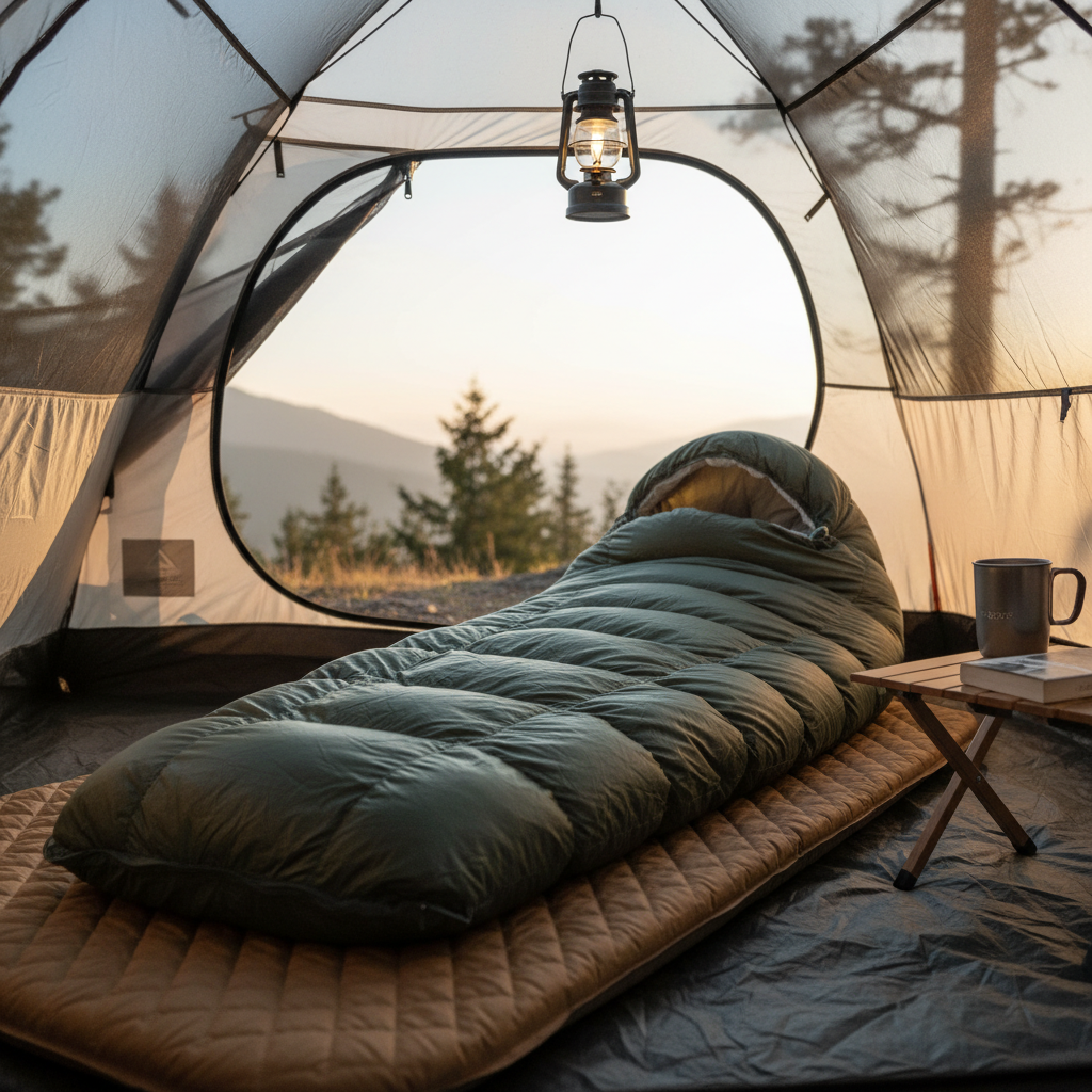 아늑한 텐트 내부에서 프리미엄 머미형 다운 침낭이 부드러운 캠핑 매트 위에 펼쳐져 있는 고해상도 이미지. 텐트 사이로 스며드는 아침 햇살이 침낭의 매끄러운 나일론 질감을 강조함.