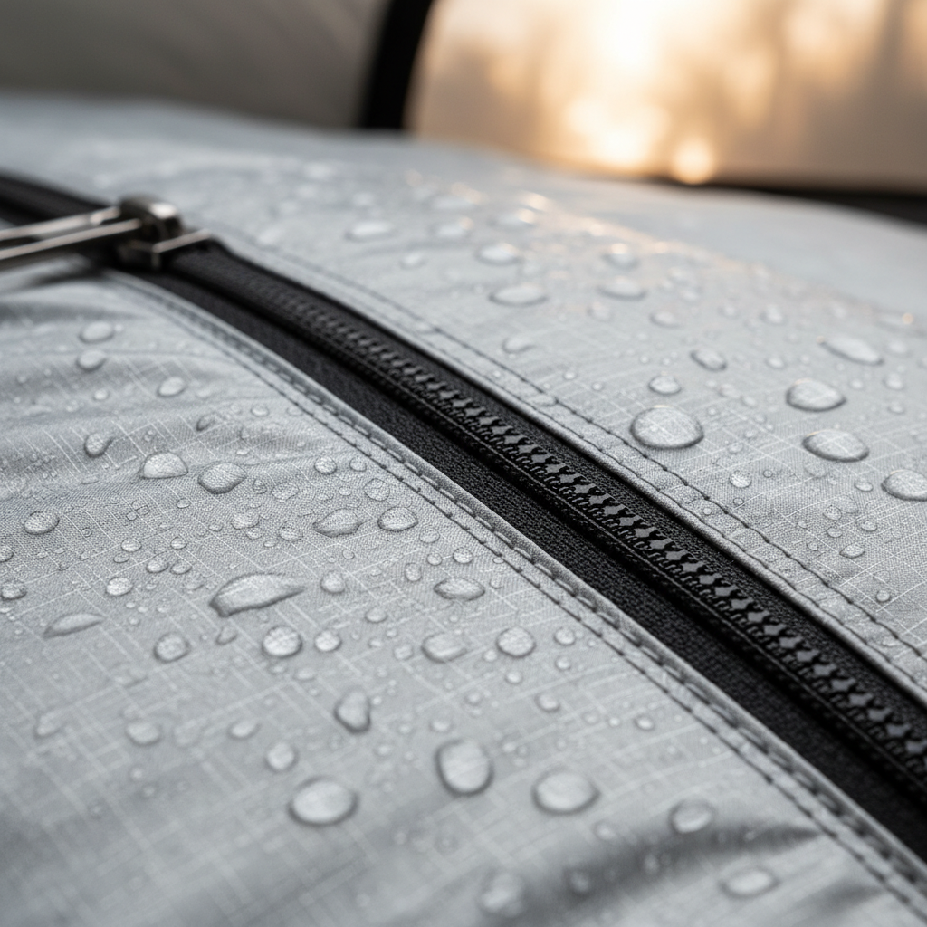 방수 캠핑 침낭의 지퍼와 스티치 부분을 근접 촬영한 디테일 컷. 고품질 발수 소재임을 증명하듯 표면에 물방울이 맺혀 있는 모습.