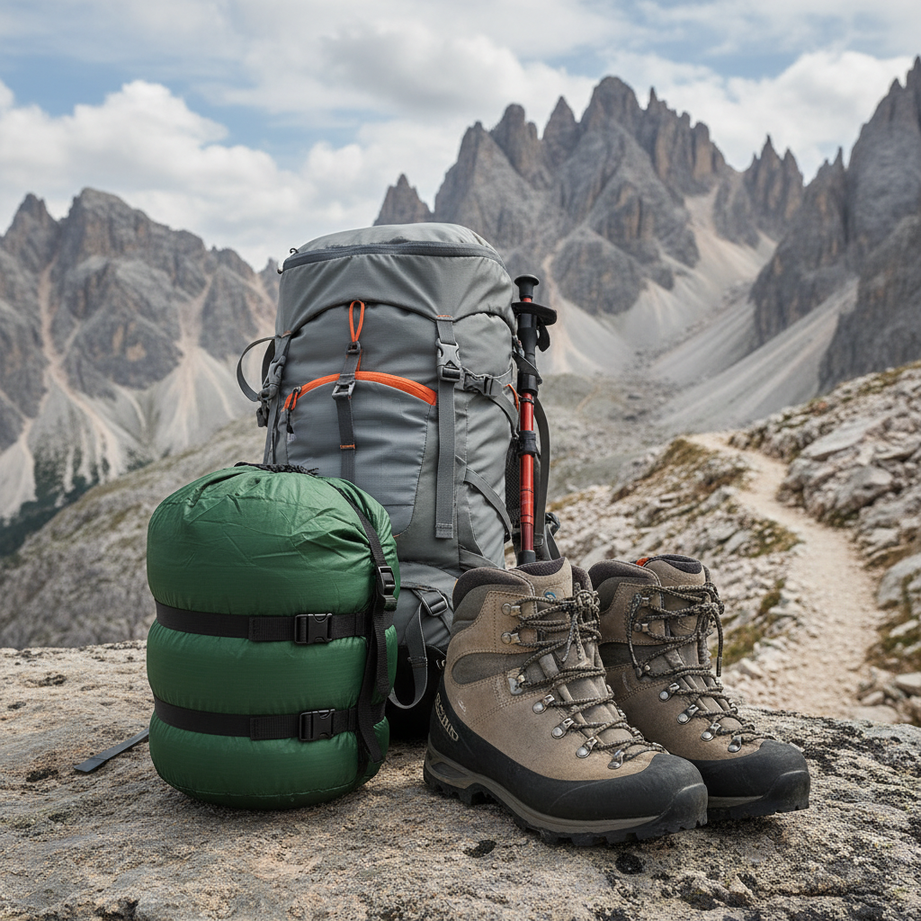 압축 백에 수납되어 콤팩트해진 침낭이 현대적인 하이킹 배낭 및 등산화 옆에 놓인 모습. 바위가 많은 산악 경로 배경으로 휴대성과 가벼운 디자인을 강조함.