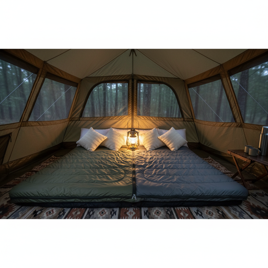 넓은 가족용 텐트 내부에서 두 개의 사각형 침낭이 지퍼로 연결되어 더블 침대 형태를 연출한 장면. 푹신한 베개와 빈티지 스타일의 LED 랜턴이 은은하게 빛나는 저녁 분위기.