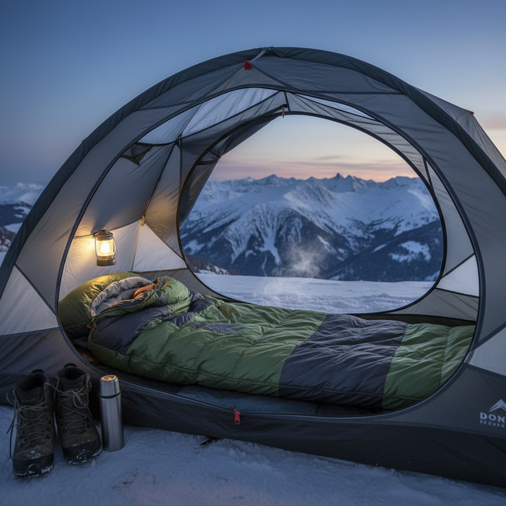 영하의 기온을 견디는 두툼한 동계용 침낭이 튼튼한 4계절 텐트 안에 배치된 모습. 텐트 입구 너머로 눈 덮인 산악 풍경이 보이며 보온성을 시각적으로 표현함.