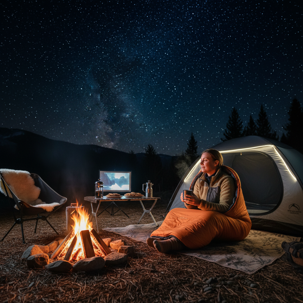 별이 빛나는 밤하늘 아래 모닥불 옆에서 화사한 오렌지색 침낭 속에 편안하게 앉아 따뜻한 커피 머그잔을 들고 있는 캠퍼의 라이프스타일 이미지.