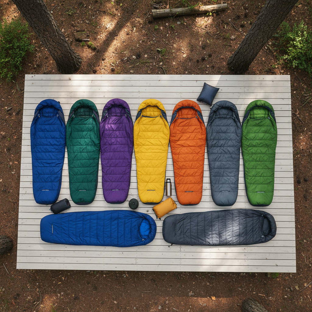 다양한 색상과 크기의 머미형 및 사각형 침낭이 숲속의 깨끗한 나무 데크 위에 깔끔하게 배열된 플랫 레이 구성. 제품의 다양성을 한눈에 보여주는 고품질 사진.