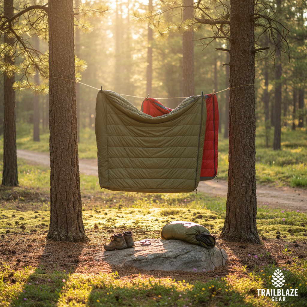 햇빛이 내리쬐는 숲속에서 두 그루의 소나무 사이에 설치된 빨랫줄에 침낭이 걸려 건조되는 모습. 캠핑 장비의 유지 관리와 통기성을 강조하는 자연스러운 풍경.